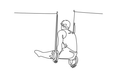 Sürekli bir çizgi, odaklanmış bir adamın vücut kasları için ellere batırmak için jimnastik halkaları üzerinde esneme egzersizleri yapmasını ve spor salonuna dönmesini sağlıyor. Tek çizgi çizimi tasarım vektörü grafik çizimi