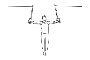 Sportif erkek jimnastikçileri spor salonunda esnek ve aktif bir şekilde eğitmeye devam ediyor. Spor giyim sektöründe erkek sporcu halkalar üzerinde denge kuruyor. Tek çizgi çizimi tasarım vektörü grafik çizimi