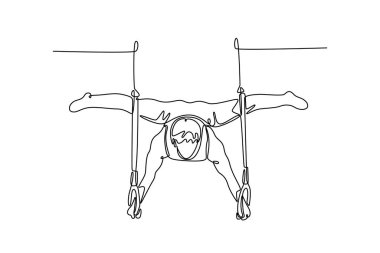 Spor salonunda jimnastik halkalarıyla beden eğitimi çekirdek denge egzersizi yaparken güçlü erkek jimnastikçinin aşağıya baktığı bir çizgi sürekli devam ediyor. Tek çizgi çizimi tasarım vektörü grafik çizimi