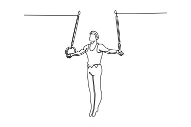 Spor salonunda tek sıra halinde jimnastik yüzükleriyle genç erkek sporcuları eğitiyor. Formda sporcu, spor kıyafetleriyle gösteri yapıyor. Dinamik bir çizgi çizer grafik tasarım vektörü çizer