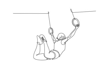 Jimnastik yaparken jimnastik halkalarında sallanan güzel bayan jimnastikçilerin sürekli bir çizgisi jimnastik salonunda kas egzersizi yaparken. Tek çizgi çizimi tasarım vektörü grafik çizimi