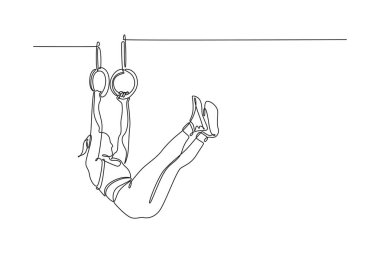 Spor salonunda jimnastik yüzükleriyle antrenman yapan genç ve güzel bir bayan sporcunun çizdiği bir çizgi. Sporcu kadın spor kıyafetleriyle dublörlük yapıyor. Tek çizgi çizimi tasarım vektörü grafik çizimi