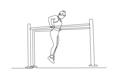 Şampiyonluk jimnastiğinde esnek bayan jimnastikçi paralel barları çizmeye devam ediyor. Hareket, hareket, hareket, sağlıklı yaşam tarzı. Tek çizgi çizimi tasarım vektörü grafik çizimi