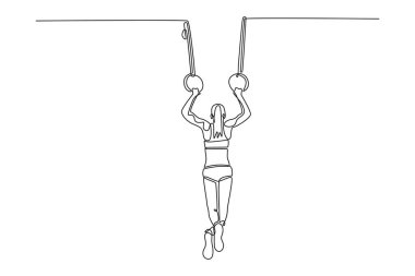 Tek sıra, spor salonunda kadın jimnastikçi eğitimi, esnek ve aktif. Spor giyim sektöründe bayan sporcu jimnastik ringlerinde denge kuruyor. Aralıksız çizgi çizimi tasarım grafik vektör çizimi