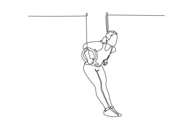 Profesyonel spor salonunda jimnastik yüzükleri üzerinde karmaşık numaralar yapan güzel bir bayan sporcunun çizdiği tek çizgi. Hareket, hareket, hareket. Aralıksız çizgi çizimi tasarım grafik vektör çizimi