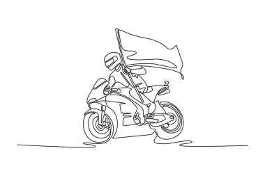 Motosiklet yarışçısı, pistte bayrak sallayarak zaferi kutluyor. Süper bisiklet şampiyonasında yarışçı kazanan yarış. Tek çizgi çizimi tasarım vektörü grafik çizimi