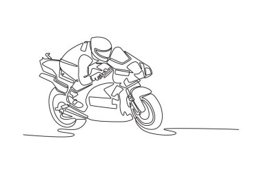 Tek bir çizgi, yarış pistinde yüksek hızda yarışan motosikletli yarışçıyı uluslararası pistte hareket ettirdi. Süper bisiklet yarışı konsepti. Aralıksız çizgi çizimi tasarım grafik vektör çizimi