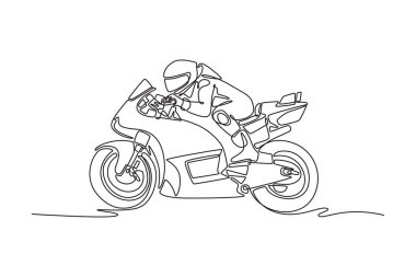 Tek sıra halinde uluslararası pistte spor yarışçısı motosikletinin yan görüntüsünü çiziyor. Spor yarış motosikleti süren genç bir sürücü. Modern sürekli çizgi çizimi tasarım grafik vektör çizimi