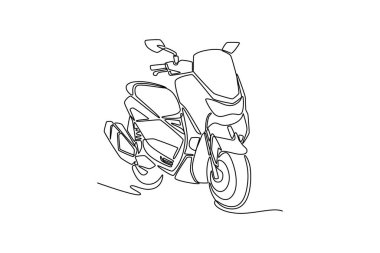 Tek sıra halinde beyaz arka planda park etmiş, modern, büyük scooter çiziyor. Ekolojik şehir ulaşımı. Vatandaş hareketliliği için şık bir motosiklet. Aralıksız çizgi çizimi tasarım grafik vektör çizimi