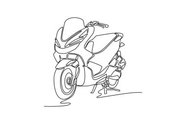 Açık şehir caddesinde büyük modern mobiletlerden birini çizmeye devam et. İki tekerlekli taşıma motosikleti, hareket kabiliyeti ya da tur tatili için. Tek çizgi çizimi tasarım vektörü grafik çizimi