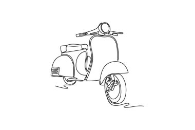 Klasik mobilet, motosiklet ya da şehir vatandaşları için motosiklet çizimleri devam ediyor. Tatil için eski mobilet motorsikleti. Tek çizgi çizimi tasarım vektörü grafik çizimi