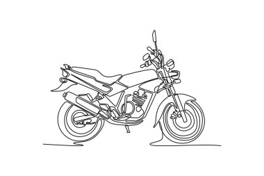 Beyaz arka planda klasik motosikletin yan görüntüsünü çizmeye devam et. Günlük rutin işler için Asyalı bir motosiklet, teslimat. Tek çizgi çizimi tasarım vektörü grafik çizimi
