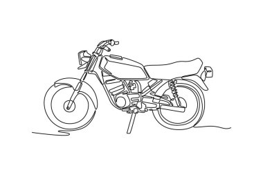 Beyaz arka planda klasik motosikletin yan görüntüsünü çizmeye devam et. Günlük işe gidiş gelişler için Asyalı bir motosiklet. Tek çizgi çizimi tasarım vektörü grafik çizimi