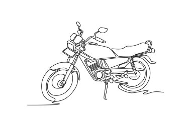 Tek sıra halinde beyaz arka planda antika eski bir motosiklet çiziyor. Sıradan aktiviteler için Asyalı bir motosiklet. Dinamik bir çizgi çizer grafik tasarım vektörü çizer