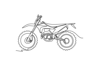Motokros yarışması için tek sıra arazi motosikleti yan görüntüsü. Maksimum yol tutuşu için agresif lastik izleri içeren hileli eğitim. Aralıksız çizgi çizimi tasarım grafik vektör çizimi