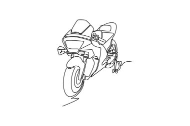 Beyaz arka plandaki yarış parkı için spor motosikleti çizmeye devam et. Şık ve modern spor motosiklet ulaşımı. Tek çizgi çizimi tasarım vektörü grafik çizimi