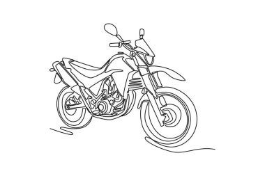 Motokros etkinlikleri için tasarlanmış tek bir çizgili arazi motosikleti ileri süspansiyon ve maksimum yol tutuşu için agresif lastik. Bir çizgi çizimi grafik tasarım vektör çizimi