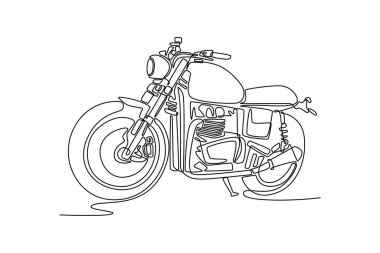 Otantik bir yaratıcı atölyede duran tek sıra özel bobber motorsiklet. Modern vatandaşın garajında klasik bir motosiklet. Bir çizgi çizimi grafik tasarım vektör çizimi