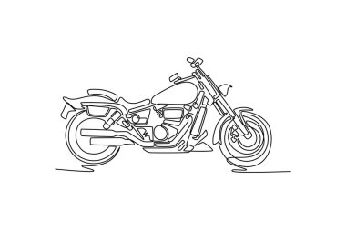 Sokak şehrinde duran klasik motosikletin tek sıra halinde yan görüntüsü. Turne için eski motosiklet ya da şehir veya otoyolda macera. Bir çizgi çizimi grafik tasarım vektör çizimi