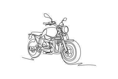 Atölye garajına park edilmiş tek sıra halinde özel bobber motosiklet çizimi. Eski klasik motosiklet, güzel bir kromla işlenmiş. Bir çizgi çizimi grafik tasarım vektör çizimi