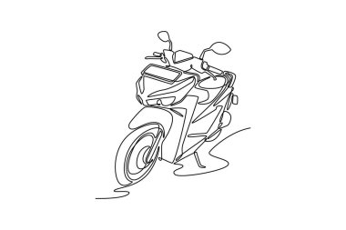 Açık şehir caddesinde motosiklet çeken tek bir hat var. Modern şehir vatandaşı yaşam tarzında iki tekerlekli motorsiklet üzerinde hareket kabiliyeti. Modern sürekli çizgi çizimi tasarım grafik vektör çizimi