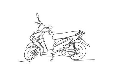 Şehirdeki tek sıra kenar manzaralı modern mobilet mobiletlerinden. Hareket ya da teslimat için iki tekerlekli taşıma motosikleti. Aralıksız çizgi çizimi tasarım grafik vektör çizimi