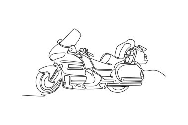 Tek sıra halinde beyaz arka planda klasik lüks motosiklet turu çiziyor. Macera için lüks motosiklet, sokak tatili. Dinamik bir çizgi çizer grafik tasarım vektörü çizer