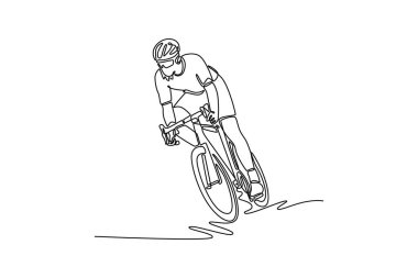 Korkusuz sporcu, dik yolda bisiklet sürerken koruyucu giysiler içinde sürekli bir çizgi çiziyor. Aktif spor, sağlık, egzersiz, eğlence. Tek çizgi çizimi tasarım vektörü grafik çizimi