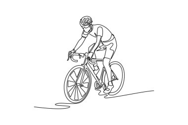 Bisikletli genç sporcu, erkek bisiklet sporcusu, antrenman yapıyor. Spor kavramı, aksiyon, hareket, hız, yarış. Tek çizgi çizimi tasarım vektörü grafik çizimi