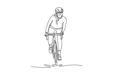 Bisiklet forması ve kask takan bisikletli bayan sporcu. Sporcu kadın yarış için sıkı çalışıyor. Tek çizgi çizimi tasarım vektörü grafik çizimi