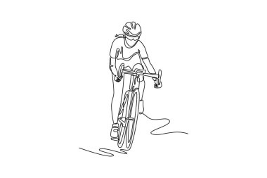 Spor kıyafetleri, koruyucu miğfer ve yol bisikleti süren güneş gözlüklü kadın bisikletçi çizimleri. Sporcu kadın yarışa hazırlanıyor. Tek çizgi çizimi tasarım vektörü grafik çizimi