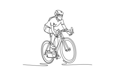 Bisikletli sporcu kadın, bisikletli kadın, bisiklet antrenmanı yapan kadın. Spor kavramı, aksiyon, hareket, hız, yarış. Bir çizgi çizimi grafik tasarım vektör çizimi