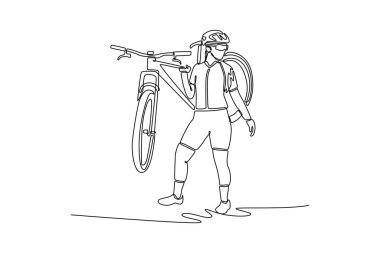 Tek bir çizim hatlı kadın bisikletçi bisikletini omuzlarında taşıyor ve başka yöne bakıyor. Sporcu kadın yarışı kazandıktan sonra bisikletini tutuyor. Aralıksız çizgi çizimi tasarım grafik vektör çizimi