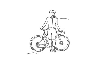Tek sıra halinde, kaskını takıp bisikletine yaslanmış ve gözünü kaçıran kadın bisikletçiyi kendine çekiyor. Çakıl taşı bisikletiyle poz veren sporcu kadın. Bir çizgi çizimi grafik tasarım vektör çizimi