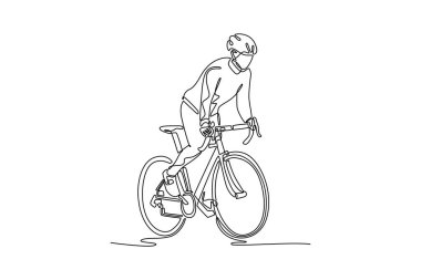 Bisiklet ve bisiklet sürerken bisiklet süren tek sıra halinde bisiklet süren profesyonel bayan bisikletçi. Gündüz vakti dışarıda antrenman. Bir çizgi çizimi grafik tasarım vektör çizimi