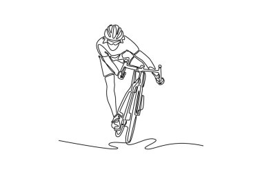 Bisiklet formalı profesyonel bir sporcunun yol bisikleti sürüşü. Sporcu dışarıda bisikletle sıkı çalışıyor. Tek çizgi çizimi tasarım vektörü grafik çizimi