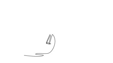 Sürekli çizim yapan genç sporcuyu bisiklet sürmeye, erkek bisikletçi atleti antrenmanına çeker. Spor kavramı, aksiyon, hareket, hız, yarış. Tam uzunluktaki tek çizgi canlandırması