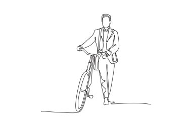 Tek sıra halinde, resmi takım elbiseli genç bir işçi bisikletinin yanında yürüyor. Sağlıklı gidiş-dönüş yaşam tarzı, ekolojik ulaşım kavramı. Tek çizgi çizimi tasarım vektörü grafik çizimi