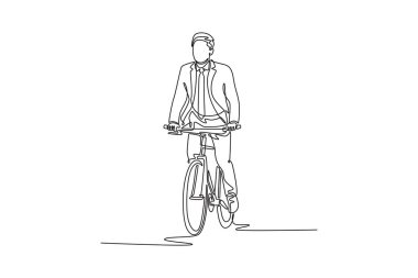 Devamlı bir sıra halinde neşeli bir işadamı bisikletinin üzerinde duruyor ve hareket etmeye hazırlanıyor. Mesafe arayan çekici erkek çalışan. Tek çizgi çizimi tasarım vektörü grafik çizimi