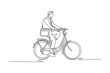 Çantalı işadamının tek bir çizgisi ofise bisikletle gidiyor. Ofis bölgesinde erkek işçi bisikleti kullanıyor. Aralıksız çizgi çizimi tasarım grafik vektör çizimi