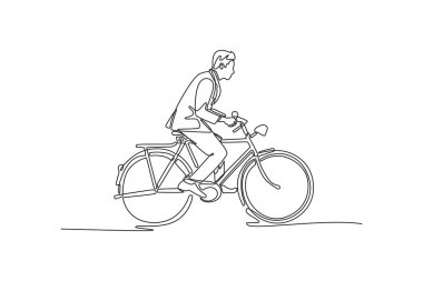 Bisikletle işe giden şık bir işadamının sürekli bir çizgisi var. Erkek işçi bisikletle iş yerine gider. Sağlıklı bir yaşam tarzı. Tek çizgi çizimi tasarım vektörü grafik çizimi