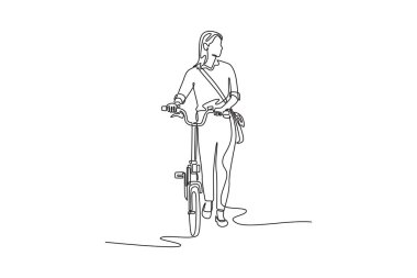 Bisikletinin yanında duran evrak çantasıyla güzel bir kadın işçi çiziyor. Çevre dostu ulaşım ve sağlıklı aktif yaşam tarzı. Tek çizgi çizimi tasarım vektörü grafik çizimi