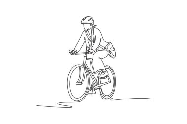 Evrak çantalı güzel bir iş kadınının şehir dışında bisiklet sürmesi, bisikletinin iş yerine gitmesi. Aktif yaşam tarzı. Tek çizgi çizimi tasarım vektörü grafik çizimi