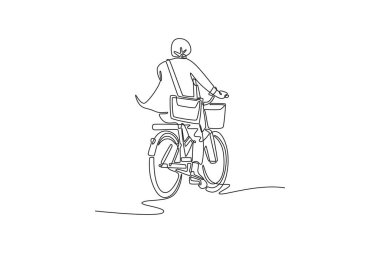 Tek sıra, işe gidip geldikten sonra evrak çantalı iş adamının bisikletini sürmesi. Çevre dostu nakliye aracı. Modern sürekli çizgi çizimi tasarım grafik vektör çizimi