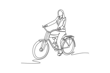 Tek sıra halinde, işe giderken yolda genç bir bayanı çekiyor, sokakta bisiklet sürüyor, sürdürülebilir yaşam tarzı. Kentsel çevre taşımacılığı. Dinamik bir çizgi çizer grafik tasarım vektörü çizer