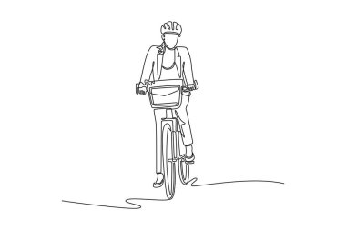 Tek sıra halinde iş kadını işe giderken kaskını ve sırt çantasını giyip sokakta bisiklete biniyor. Bisikletle gidip gelmek, iş seyahati. Bir çizgi çizimi grafik tasarım vektör çizimi