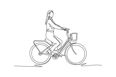 Sabah işe gidip gelirken yolda bisiklete binen genç bir kadını sürekli yan gören tek sıra. Çevre taşımacılığı ve sağlıklı yaşam tarzı. Bir çizgi çizimi grafik tasarım vektör çizimi