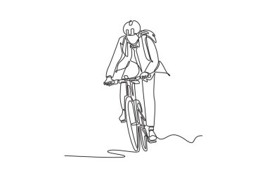 İş adamının iş çıkış saatinde bisiklet sürmesini sağlayan tek sıra. Genç adam işe geç kaldı, toplantı var. Ofis hayatı, iş rekabeti. Aralıksız çizgi çizimi tasarım grafik vektör çizimi