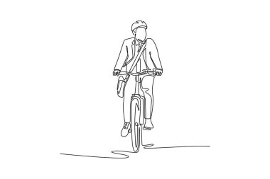 Bir satırda kasklı ve çantalı genç yöneticinin bisikletle gidip gelmesi. Bisikletle gidip gelmek, sağlıklı bir yaşam tarzı. Modern sürekli çizgi çizimi tasarım grafik vektör çizimi