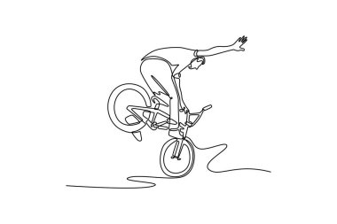 Tekerleği dengede tutarken kaykay parkında 360 rotasyon numarası yapan bir erkek atlet çiziyor. Spor, ekstrem, hobi. Tek çizgi çizimi tasarım vektörü grafik çizimi